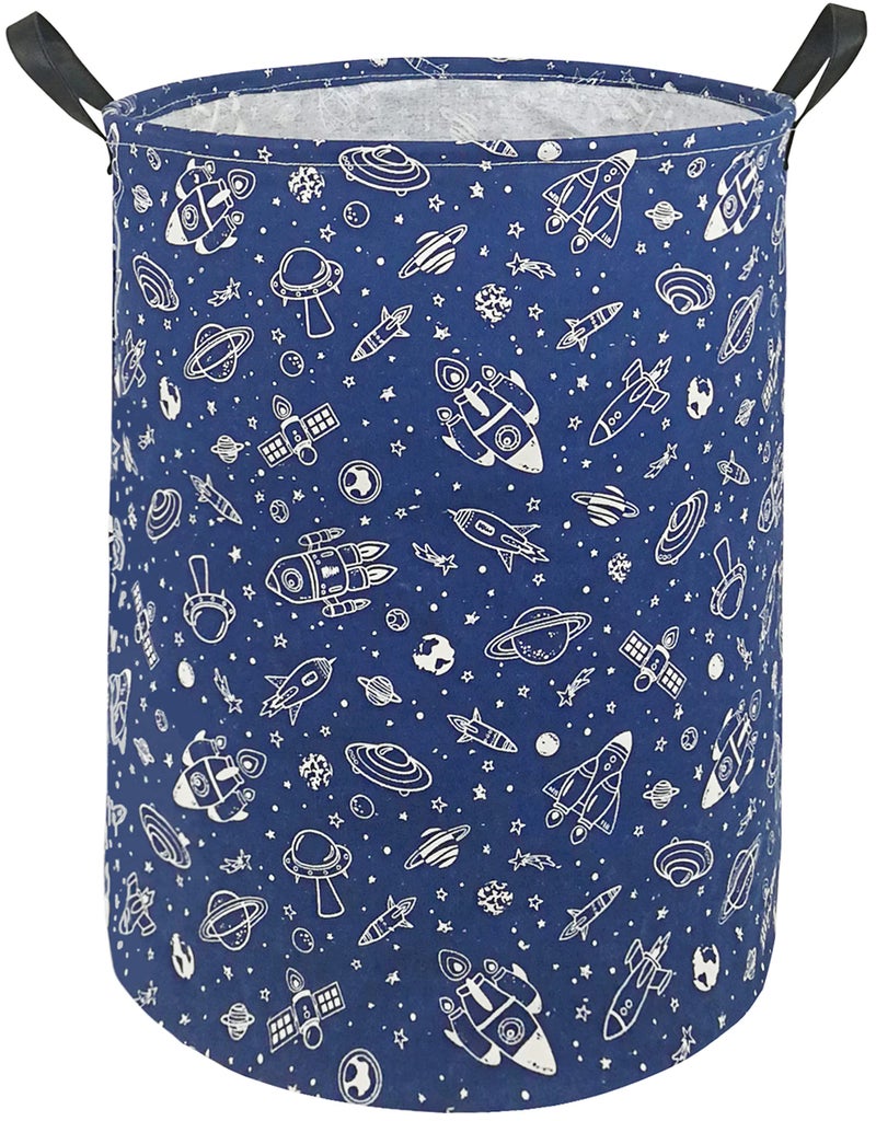 KUNRO Round Laundry Gift Basket Storage Hamper, Clothes Storage Organizer Bins, Shelf Basket with Handles for Room Decor (navy Spaceship) - Image 1